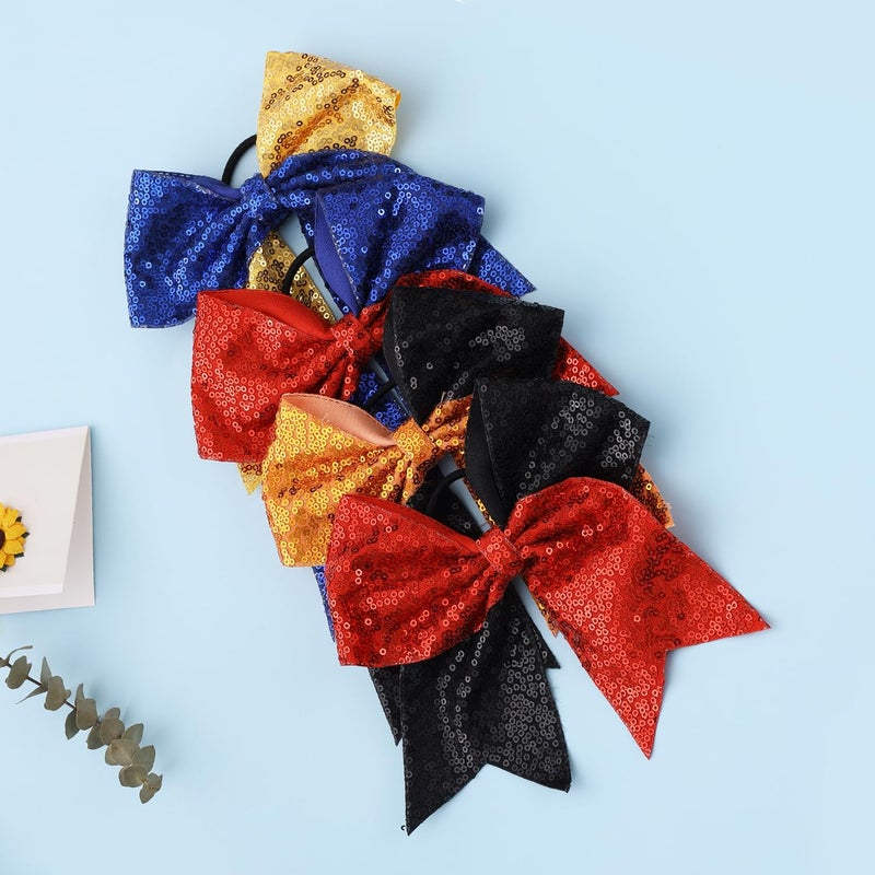 Hipcheer Large Sequin Glitter Cheer Hair Bows,Sparkly Bows Ponytail Holder Elastic Band for Cheerleading Teen Girls College Sports (Red Black) - Image 3